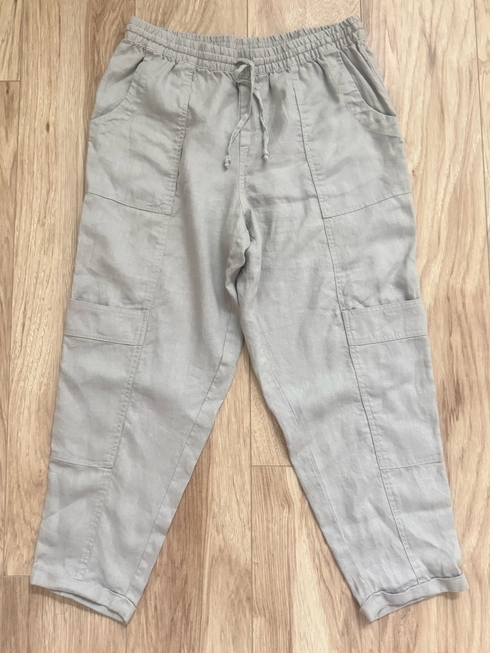 GARNET HILL Linen Cargo Drawstring Pants Medium Khaki